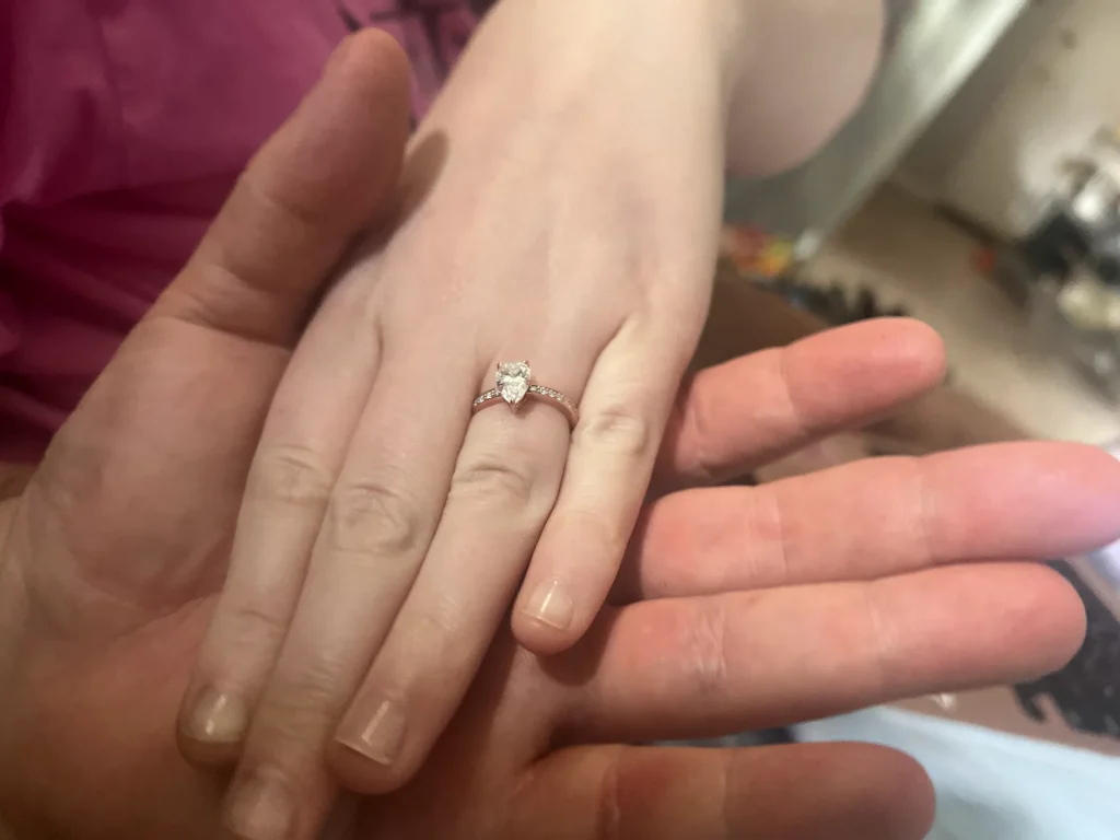 Heart shaped lab grown diamond engagement ring on hand designed with Haejin Jewelry Brooklyn