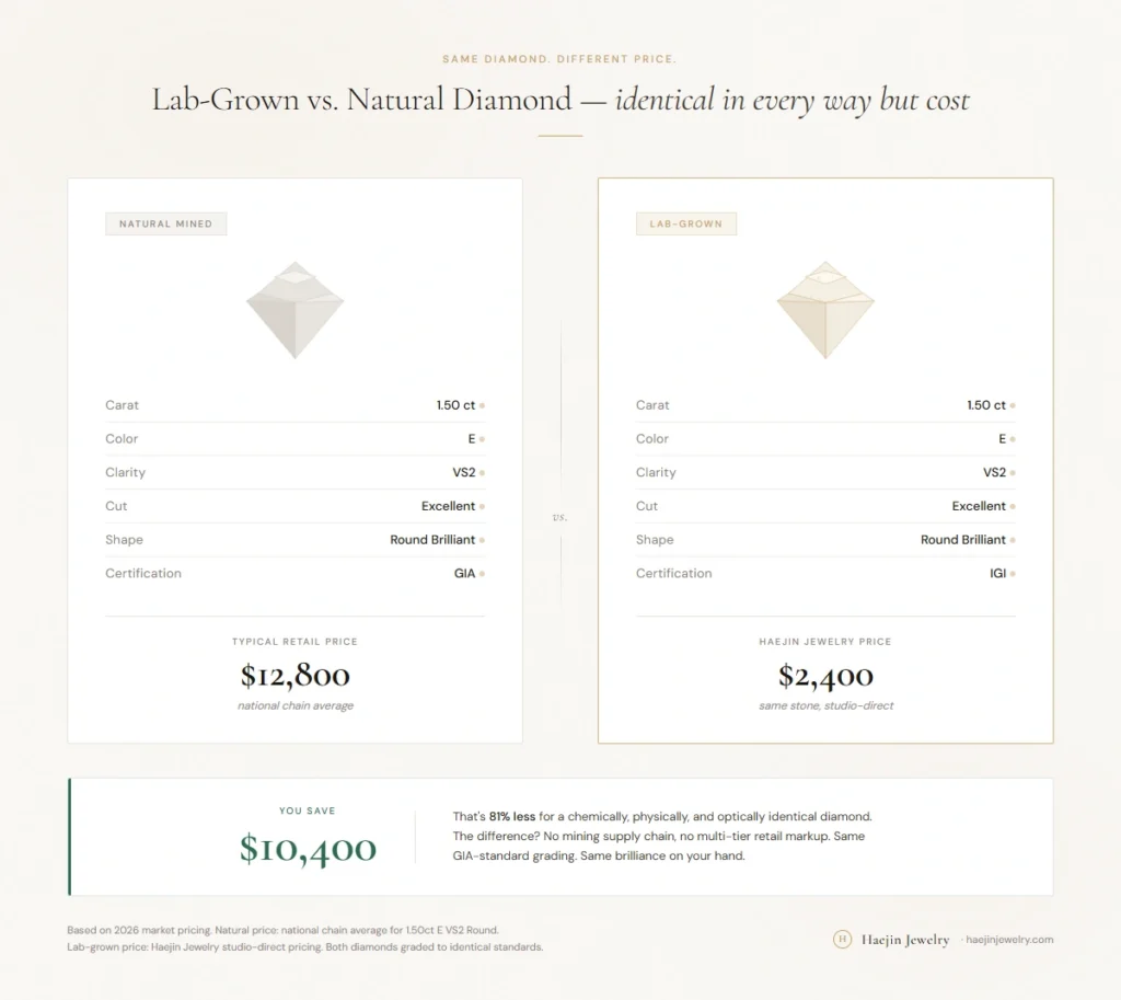 Lab grown vs natural diamond price comparison same 1.5 carat E VS2 round brilliant 81 percent savings